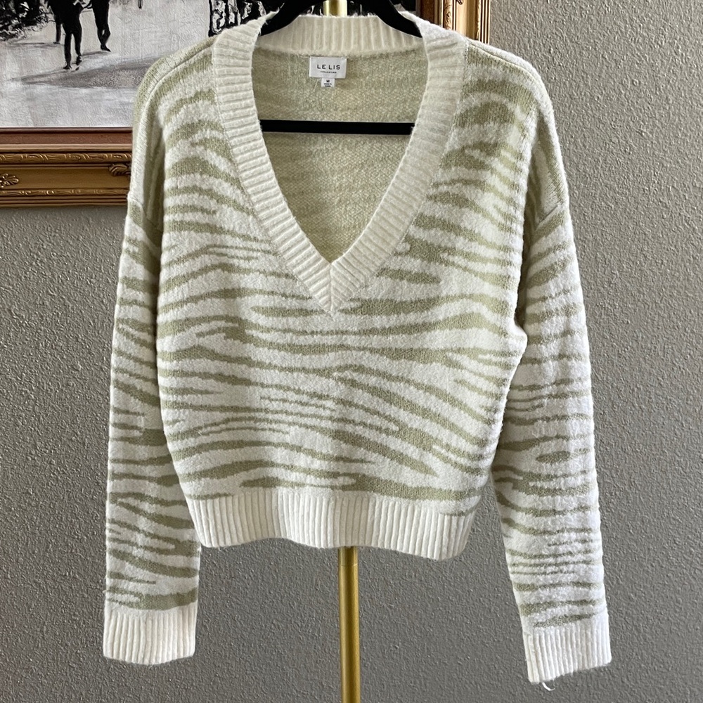 Le Lis V-Neck Zebra Stripe Sweater - Cream & Light Green